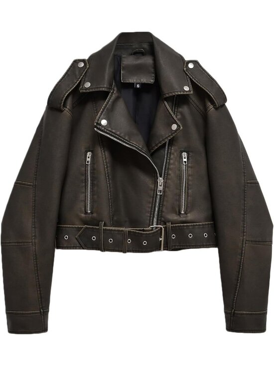 Jackets & Blazers - Women's Dark Green Leather Asymmetric Belted Zipper Biker Cropped Bomber Jacket